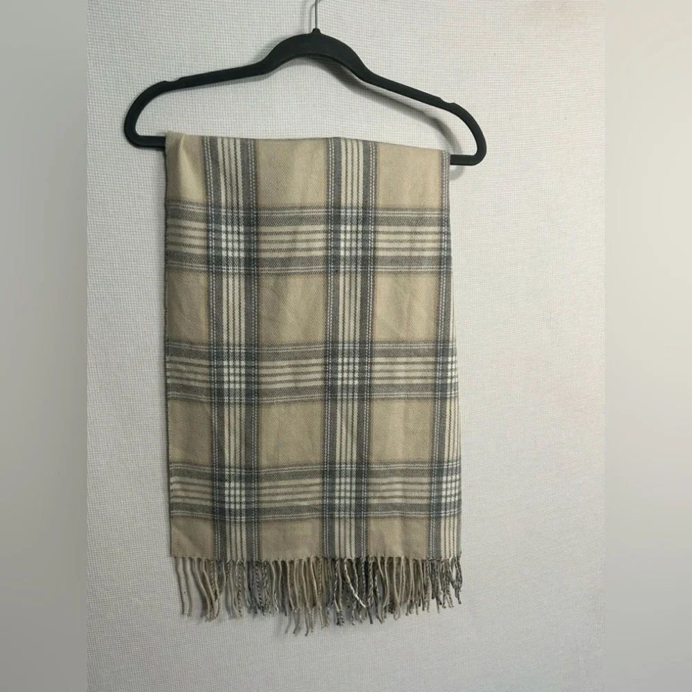 J. Crew mercantile beige grey & white plaid scarf